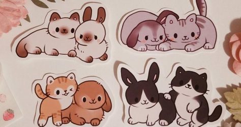 bunny and cat best friends sticker set by peacheybun